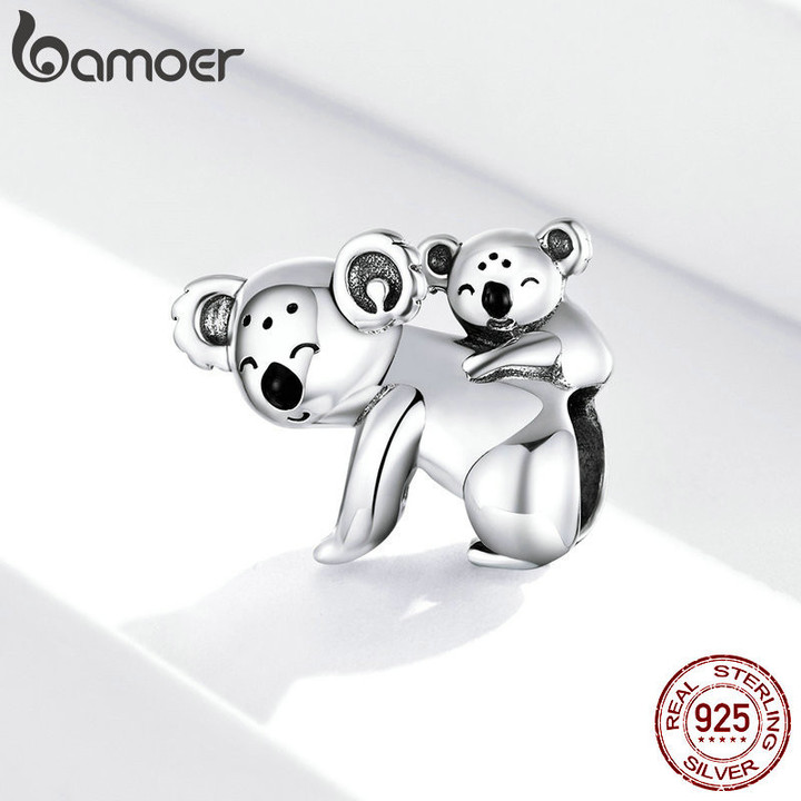 bamoer Koala Baby and Mom Metal Beads for Women Jewelry Making 925 Sterling Silver Australia Protect Animal Silver Charm BSC260