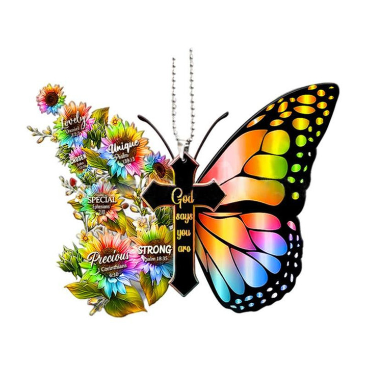 Butterfly Cross Hanging Decoration For Car Sunflower Butterfly Car Charm Rear View Mirror Accessories Car Interior Decor Pendant