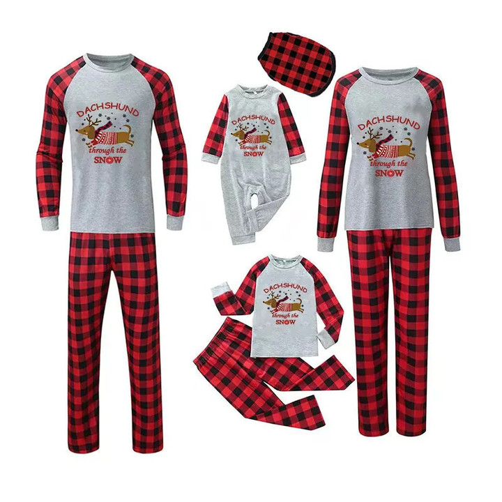 Christmas Matching Family Pajamas Red Dachshund Through The Snow Plaids Gray Pajamas Set