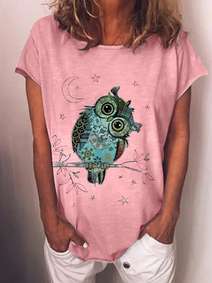 Owl Print Short Sleeve Round Neck T-Shirt