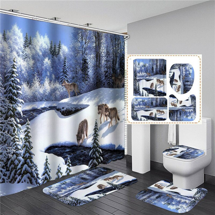 Wolf Shower Curtain Set with Bath Mat Anti-slip Bathroom Carpet