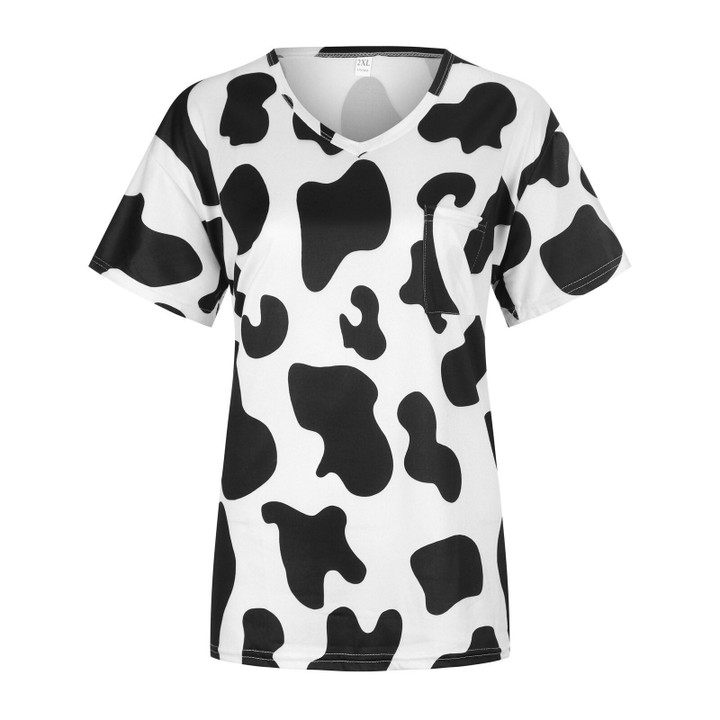 Cow Print T Shirt Women Short Sleeve Casual Vintage V-neck Loose Tops