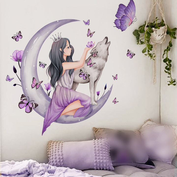 Girl Gray Moon Wolf Butterfly Wall Sticker