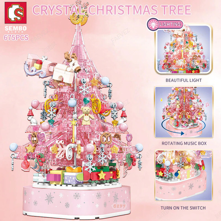Christmas Blocks Music Box With Light Pink Tree