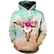 Cow Skull And Pink Flower Art#1545 3D Pullover Printed Over Unisex Hoodie