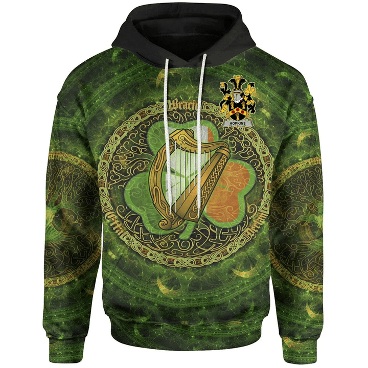 Ireland Hoodie - Hopkins Irish Family Crest Hoodie - Ireland Coat Of Arms With Celtic Tree Green A7