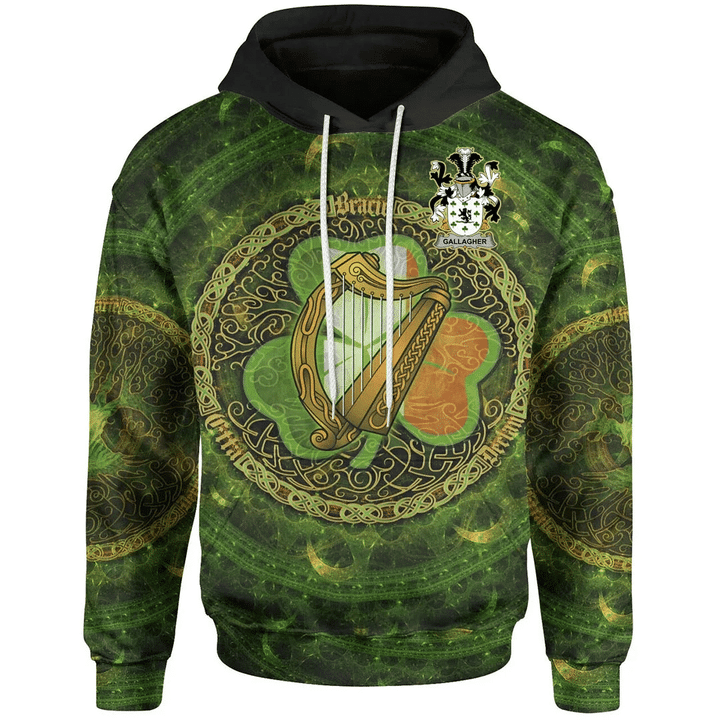 Ireland Hoodie - Gallagher or O'Gallagher Irish Family Crest Hoodie - Ireland Coat Of Arms With Celtic Tree Green A7