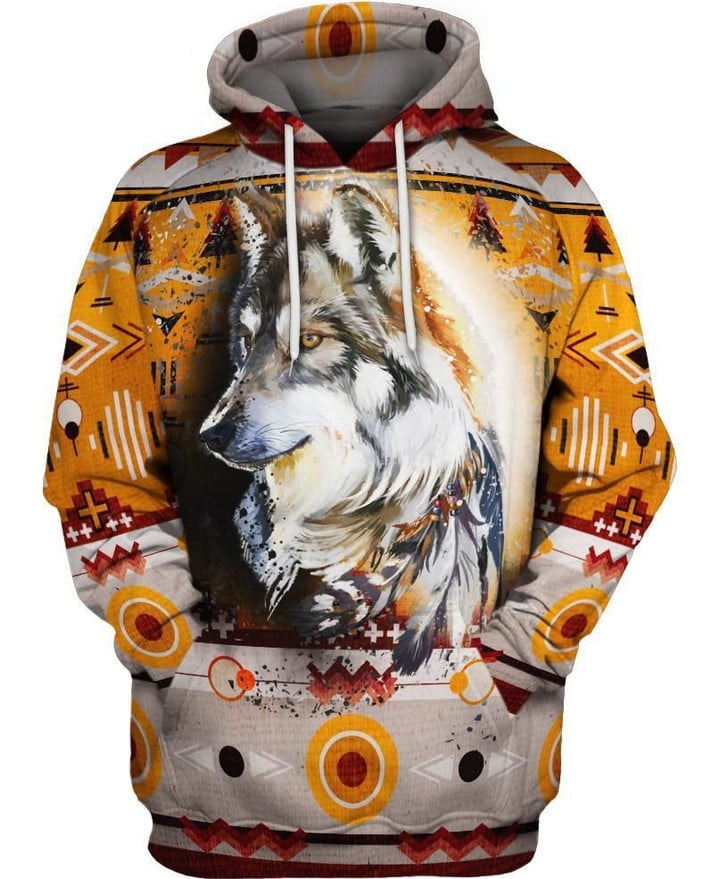 Native Wolf Orange Art#9 3D Pullover Printed Over Unisex Hoodie