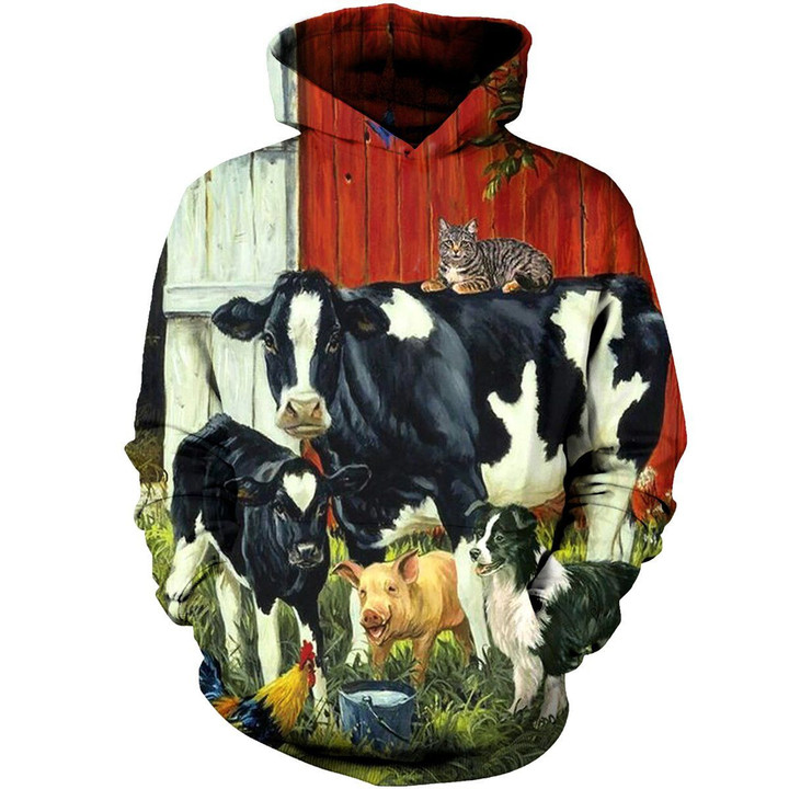 Farmer Cow Big Chicken And Dog Art#2139 3D Pullover Printed Over Unisex Hoodie