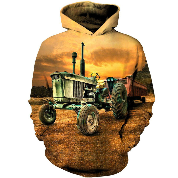 Sunset On Classic Tractor Art#1769 3D Pullover Printed Over Unisex Hoodie
