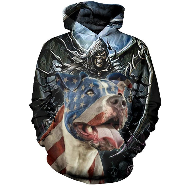 Ghost Pitbull Usa Flag Art#1519 3D Pullover Printed Over Unisex Hoodie