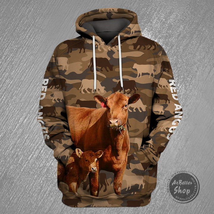 Red Angus Army Bull Art#1199 3D Pullover Printed Over Unisex Hoodie
