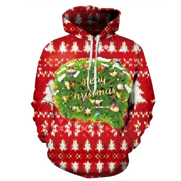 Christmas - Red Christmas Striped Pattern Icon B3510 3D Pullover Printed Over Unisex Hoodie