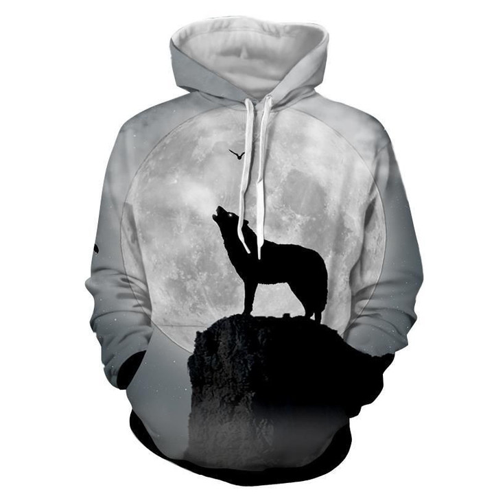 Lone Wolf Silhouette Big Bright Moon Howl Pleasant A3385 3D Pullover Printed Over Unisex Hoodie