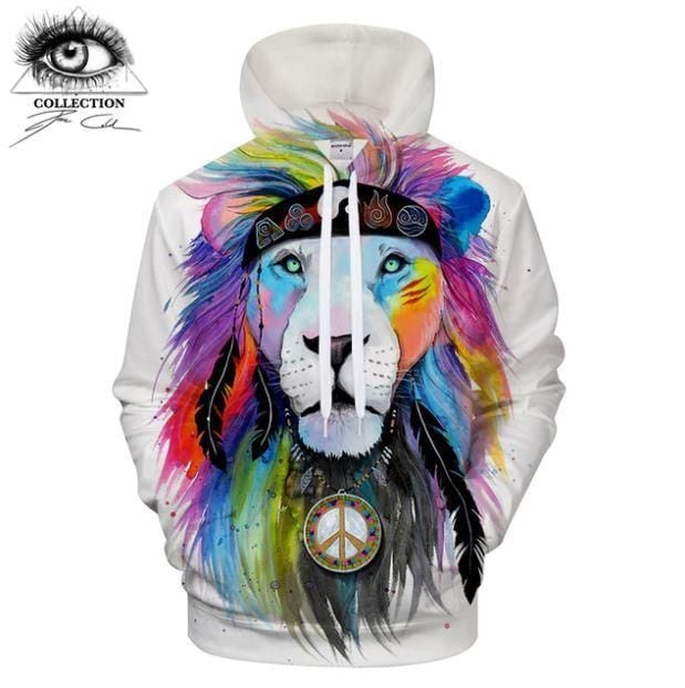 Hippie Lion Pq 9443 A4160 3D Pullover Printed Over Unisex Hoodie