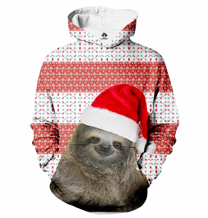 Santa Sloth Christmas A2919 3D Pullover Printed Over Unisex Hoodie