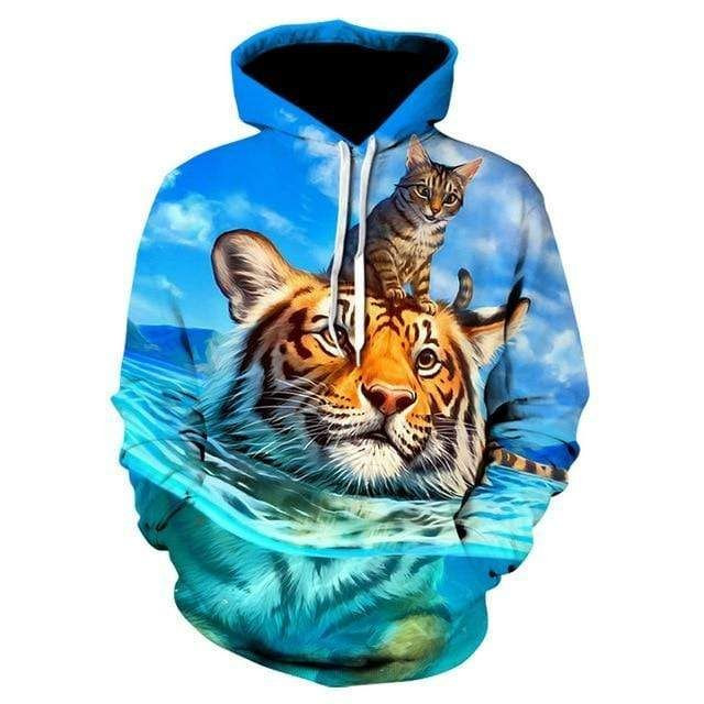Interesting Blue Sunny Sky Animal Swimming Tiger Kitten B1711 3D Pullover Printed Over Unisex Hoodie