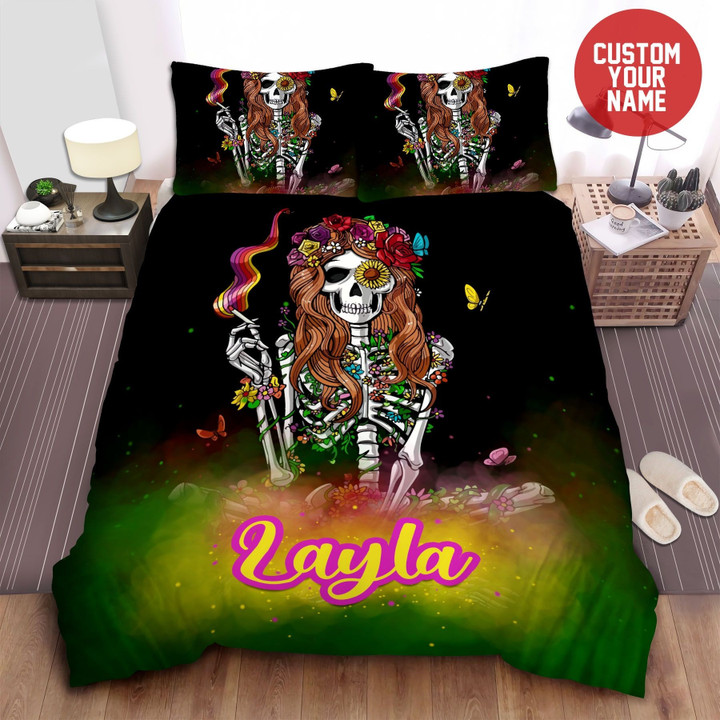 Skeleton Hippie Skull Girl Custom Name Duvet Cover Bedding Set