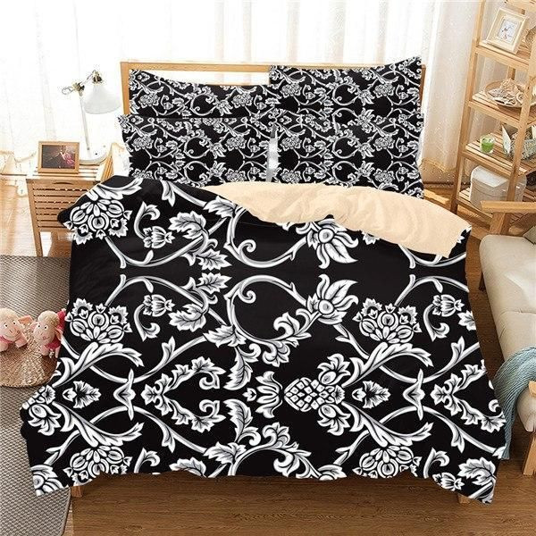 White Flowers And Leaves In Black Background 3D Printed Bedding Set