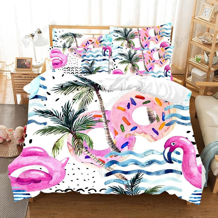 3D Watercolor Flamingo Lifebuoy Palm Tree Bedding Set Bedroom Decor