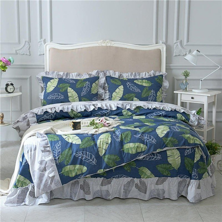 Jungle Green White And Navy Blue Botanical Banana Leaf Bedding Set All Over Prints