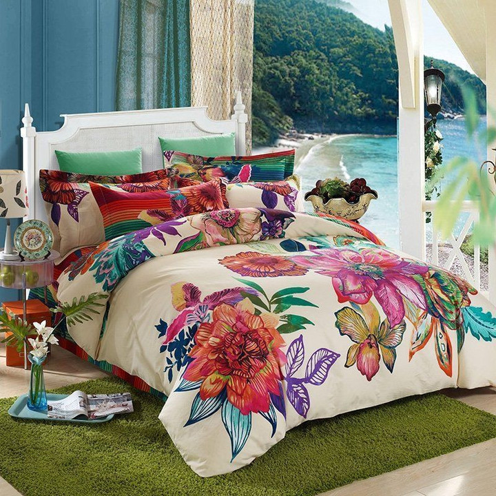 Turquoise Plum And Green Colorful Abstract Flower Rustic Style With Beige Bedding Set Iy