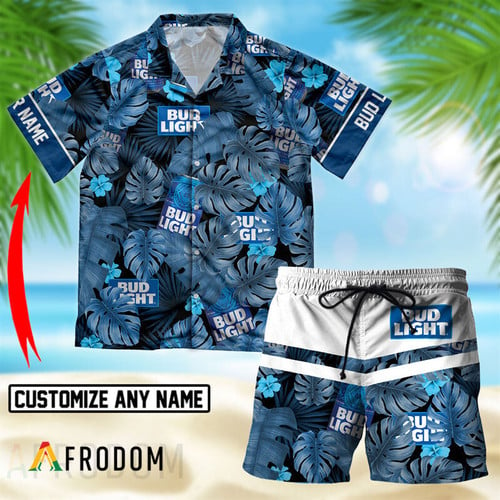 Personalized Tropical Monstera Leaf Bud Light Hawaiian Shirt And Shorts Set