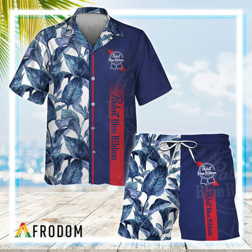 Pabst Blue Ribbon Tropical Leaf Hawaiian Shirt And Shorts Set