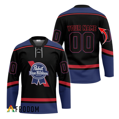 Personalized Pabst Blue Ribbon Black And Blue Hockey Jersey