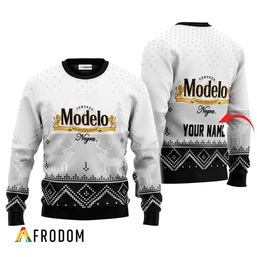 Personalized Modelo Negra White Reindeer Ugly Sweater