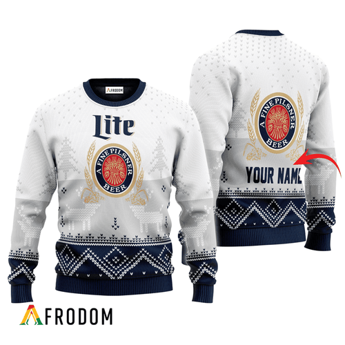 Personalized Miller Lite White Reindeer Ugly Sweater