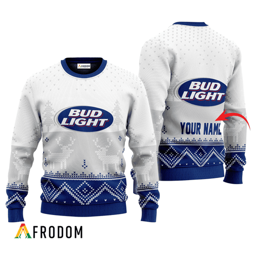 Personalized Bud Light White Reindeer Ugly Sweater