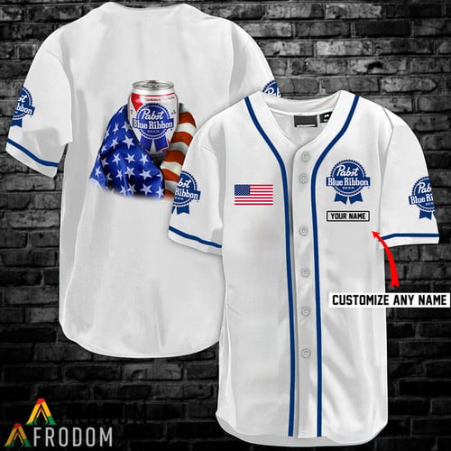 Personalized Vintage White USA Flag Pabst Blue Ribbon Jersey Shirt PBR Jersey