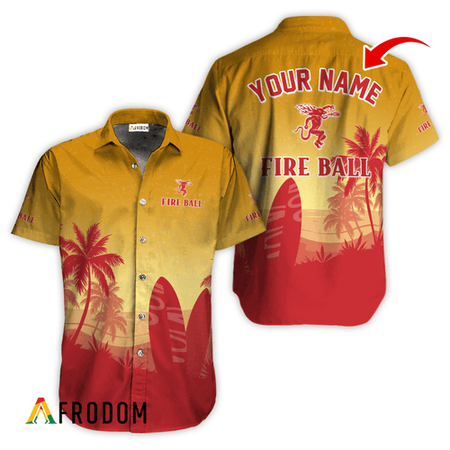 Personalized Fireball Whisky Palm Tree Surfboard Button Shirt