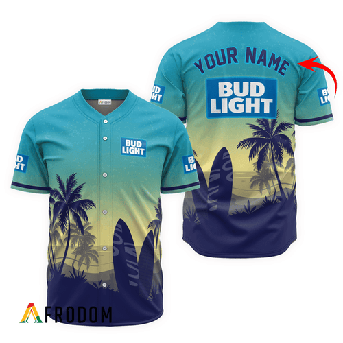 Personalized Bud Light Palm Tree Surfboard Baseball Jersey