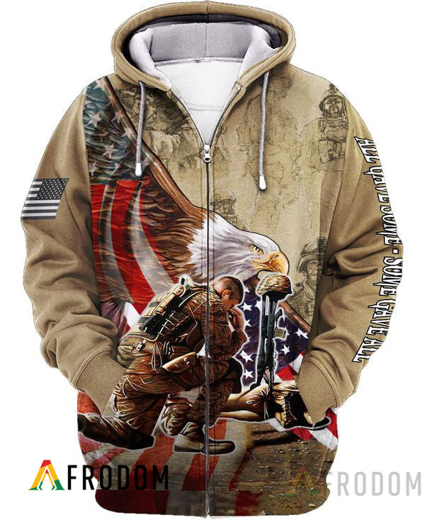 American Flag Eagle Soldier Veteran Zip Hoodie