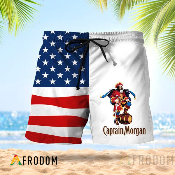 Vintage USA Flag Fourth Of July Captain Morgan Hawaiian Shorts