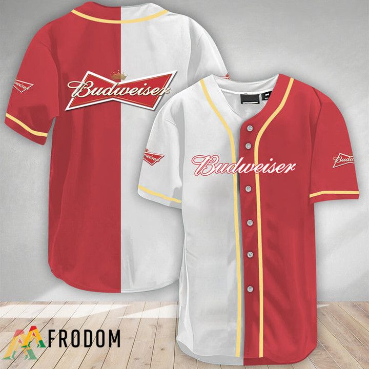 White And Red Split Budweiser Beer Baseball Jersey