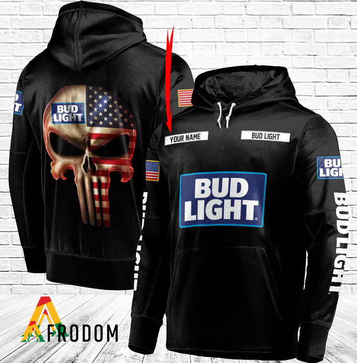 Personalized Black USA Flag Skull Bud Light Hoodie
