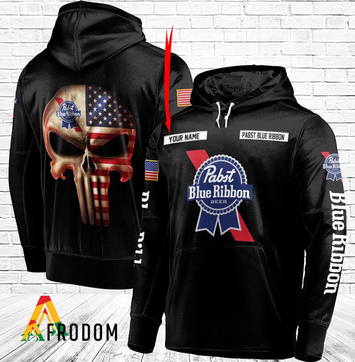 Personalized Black USA Flag Skull Pabst Blue Ribbon Hoodie