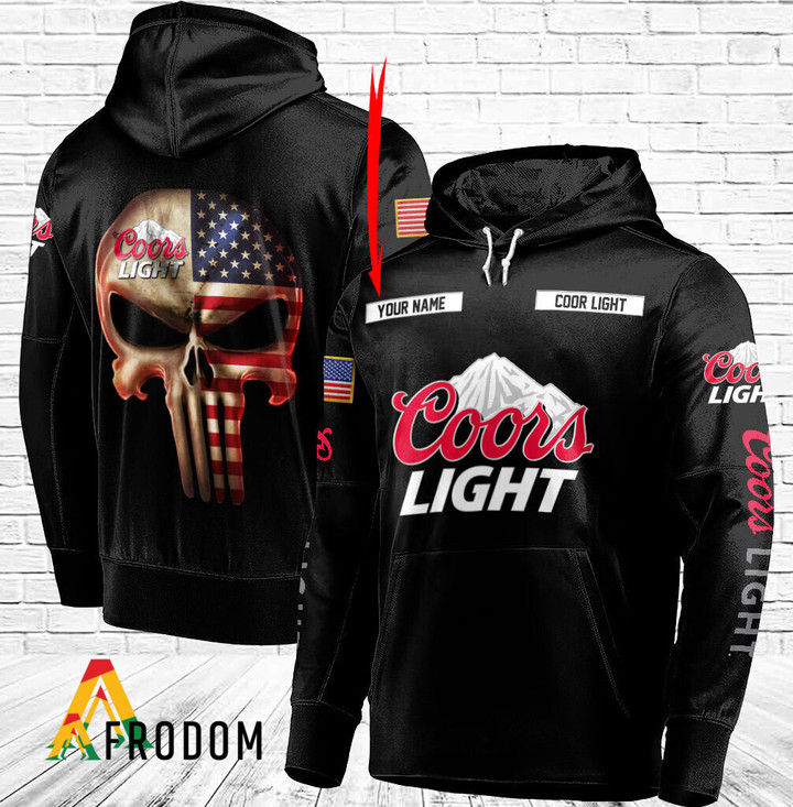 Personalized Black USA Flag Skull Coors Light Beer Hoodie