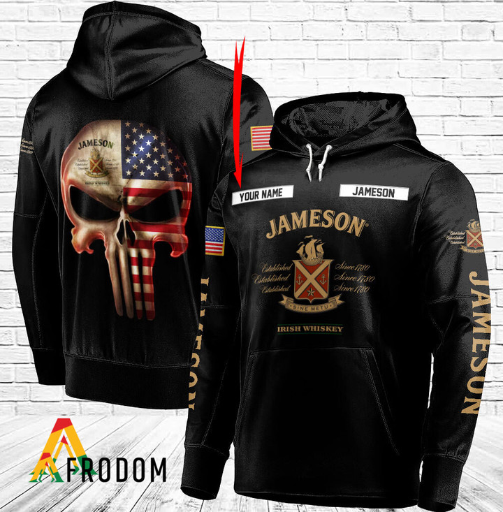 Personalized Black USA Flag Skull Jameson Whiskey Hoodie