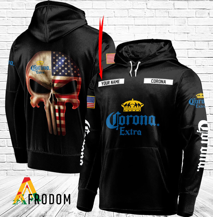 Personalized Black USA Flag Skull Corona Extra Hoodie