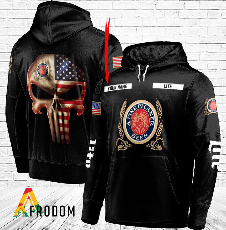 Personalized Black USA Flag Skull Miller Lite Hoodie