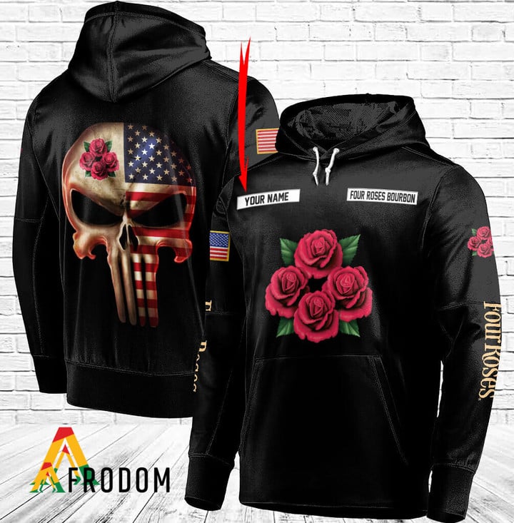 Personalized Black USA Flag Skull Four Roses Bourbon Hoodie 
