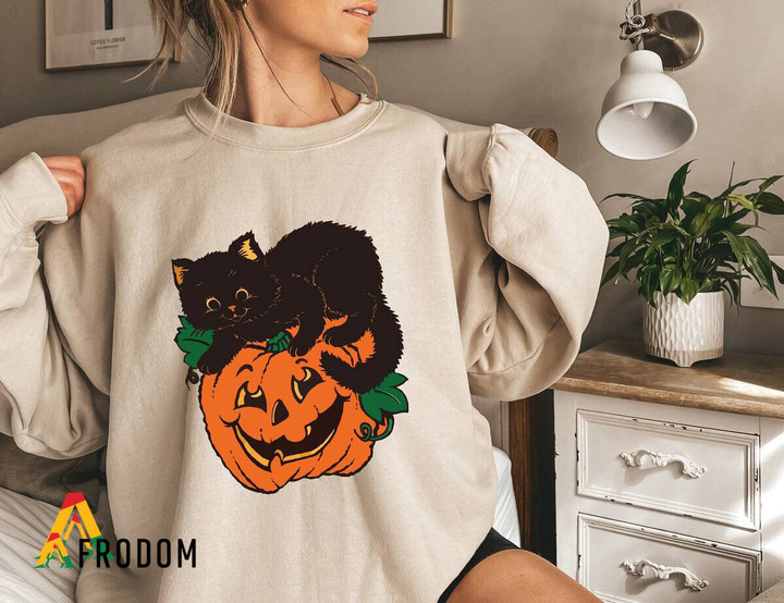 Halloween Black Cat on Pumpkin Sweatshirt