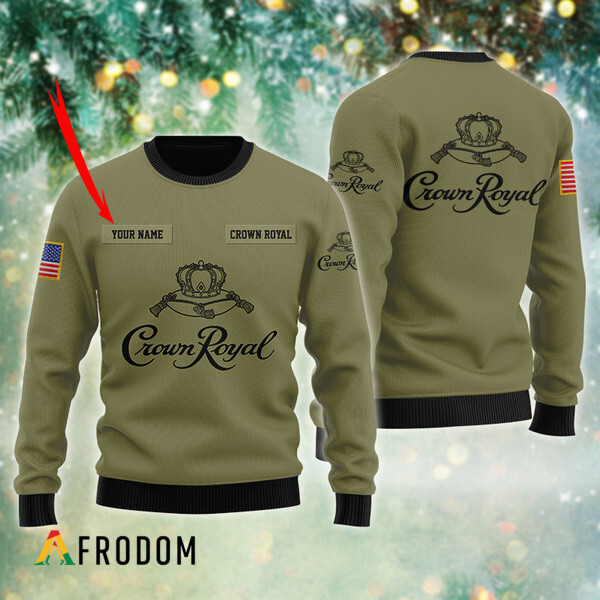 Personalized Crown Royal Flag Military Green Christmas Ugly Sweater