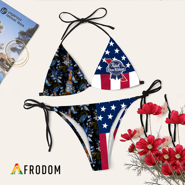 Tropical American Flag Pabst Blue Ribbon Bikini Set Swimsuit Beach