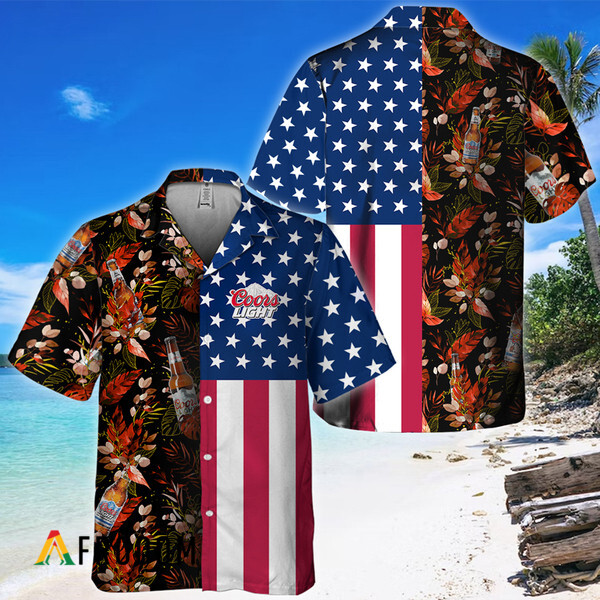 US Flag Coors Light Tropical Flowers Hawaiian Shirt