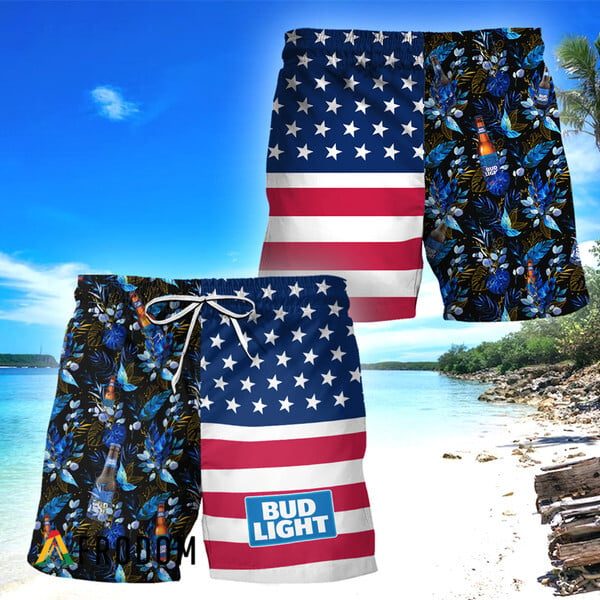 Bud Light Flower American Flag Hawaiian Shorts